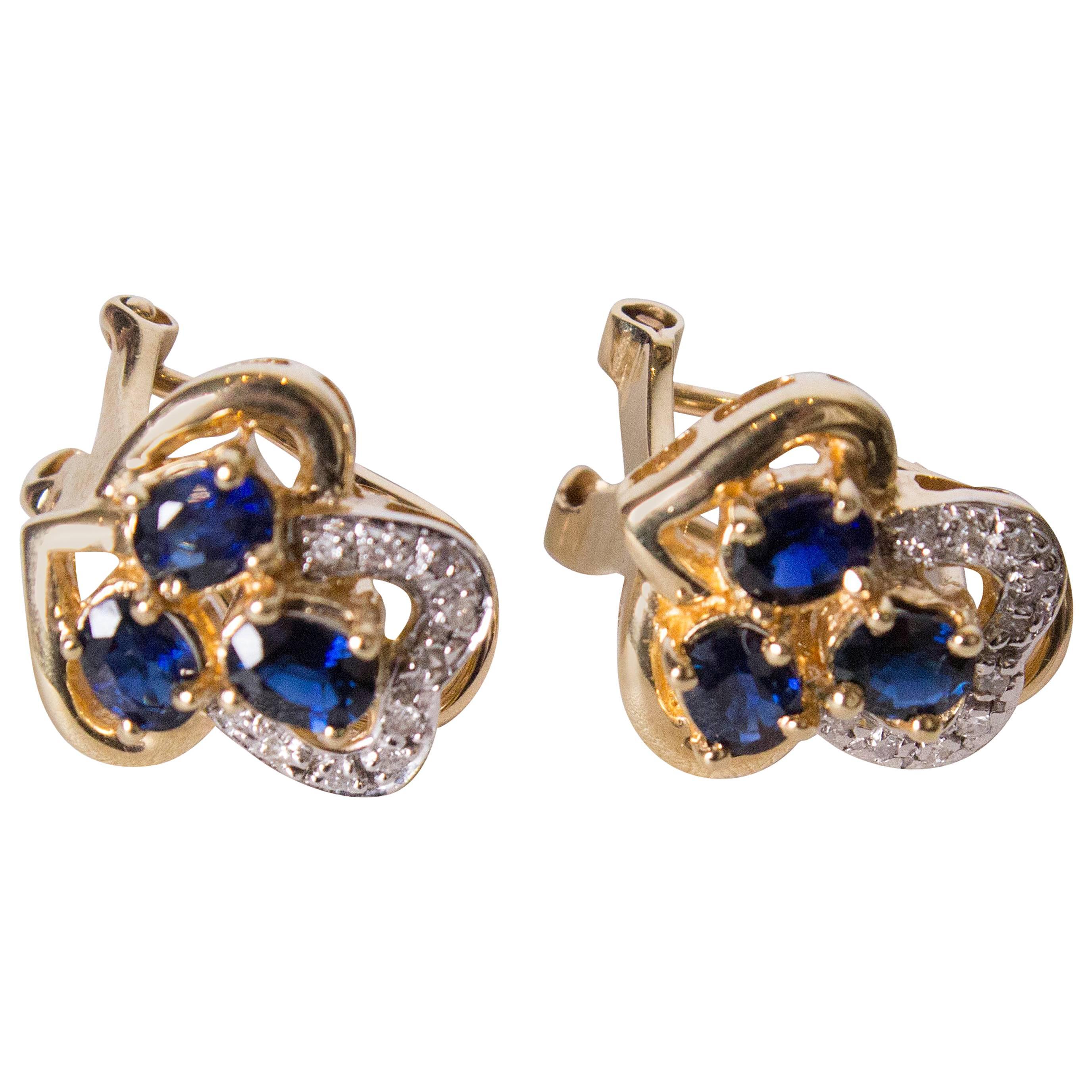 Sapphire and Diamond and Gold Earrings for Pierced Ears