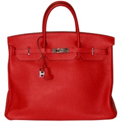 HERMES Birkin 40 Taurillon Clemence Rouge Vermillon Silvertone