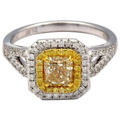 1.02ct Radiant Natural Yellow Diamond Ring with pave diamonds in 18K White Gold