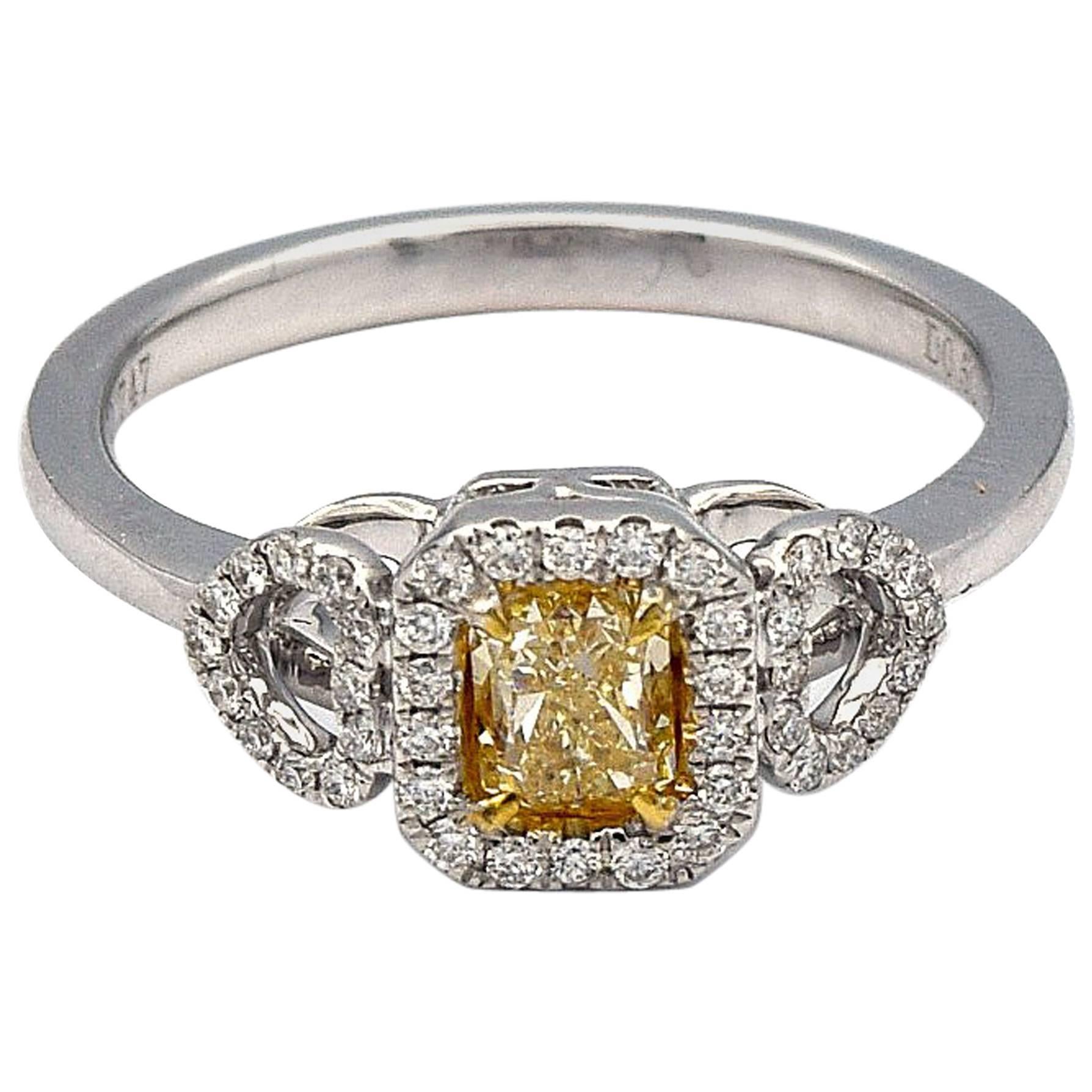 0.50ct Radiant Natural Yellow Diamond Ring with white pave diamonds in 18K  For Sale