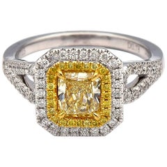 0.78ct Radiant Natural Yellow Diamond Ring with White Pave Diamonds 18K WG