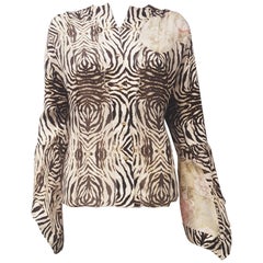 Roberto Cavalli Silk Zebra Print Long Sleeve Flared Cuff, w/Goldtone Buttons