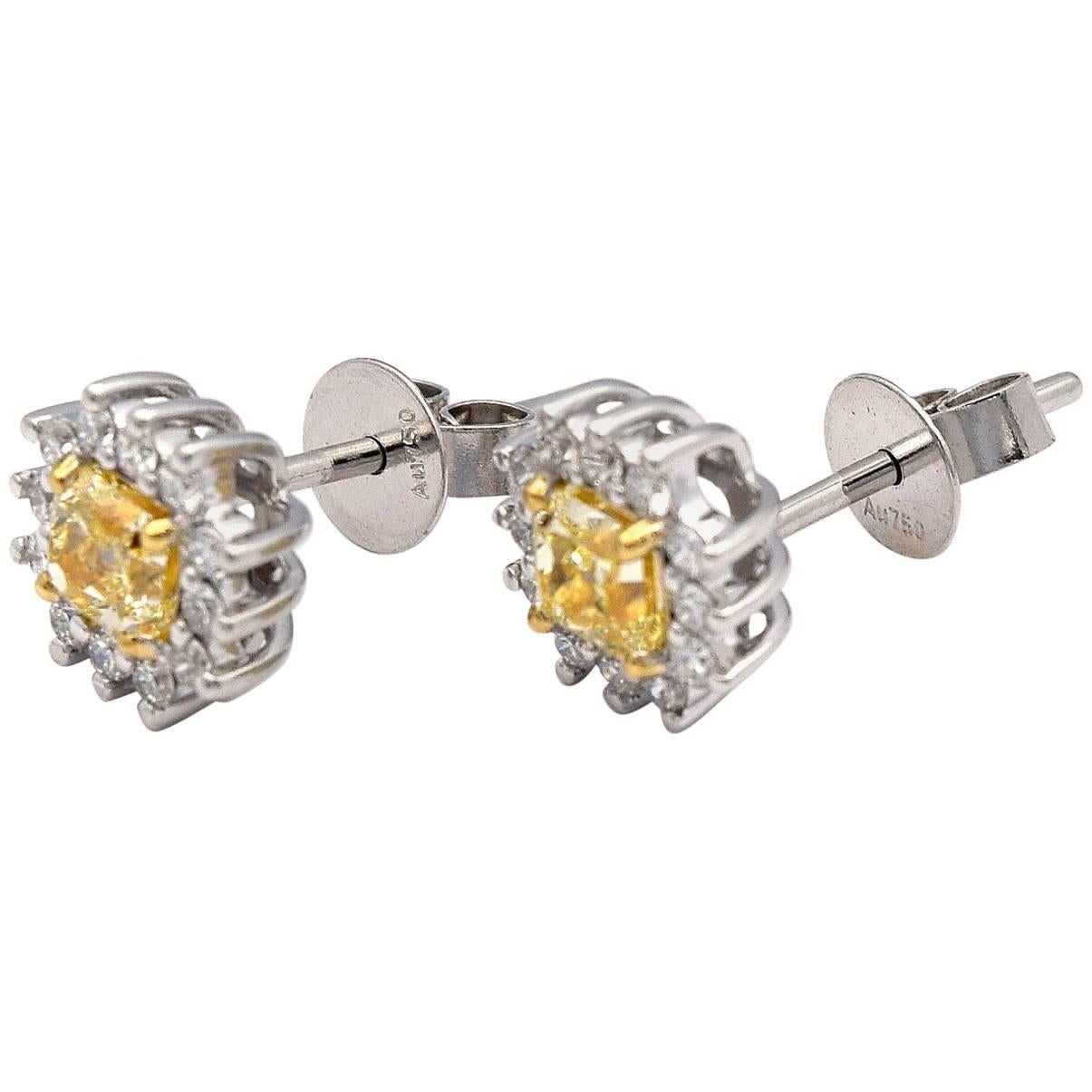 .64ct Radiant Natural Yellow Diamonds Stud Earrings 18K White Gold For Sale