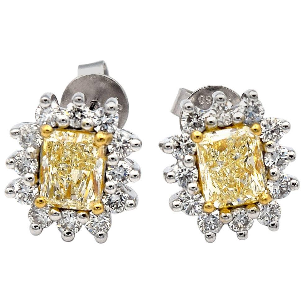 0.86ct Radiant Fancy Yellow Diamond Stud Earrings in 18K White Gold