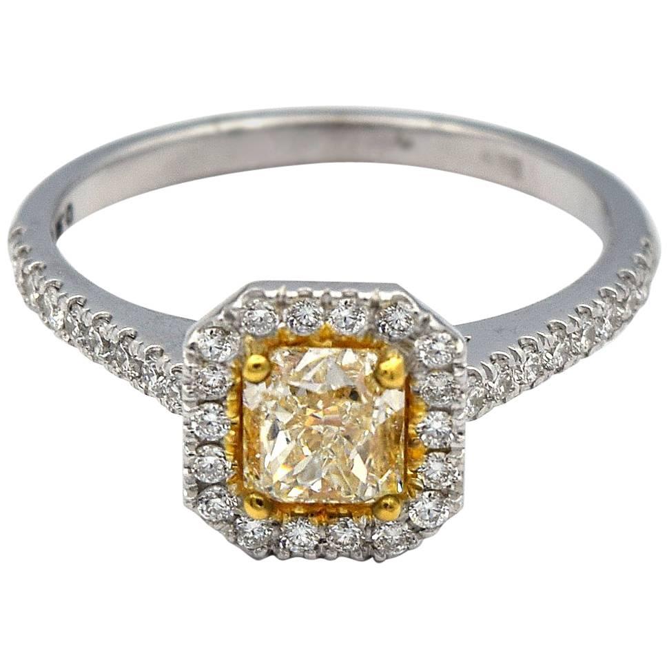 0.90ct Radiant Natural Yellow Diamond Ring with White Pave Diamonds in 14k WG  For Sale