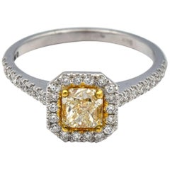 0.90ct Radiant Natural Yellow Diamond Ring with White Pave Diamonds in 14k WG