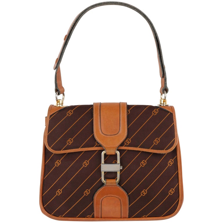 GUCCI c.1970's Brown GG Monogram Jacquard Tan Leather Flap Top Shoulder