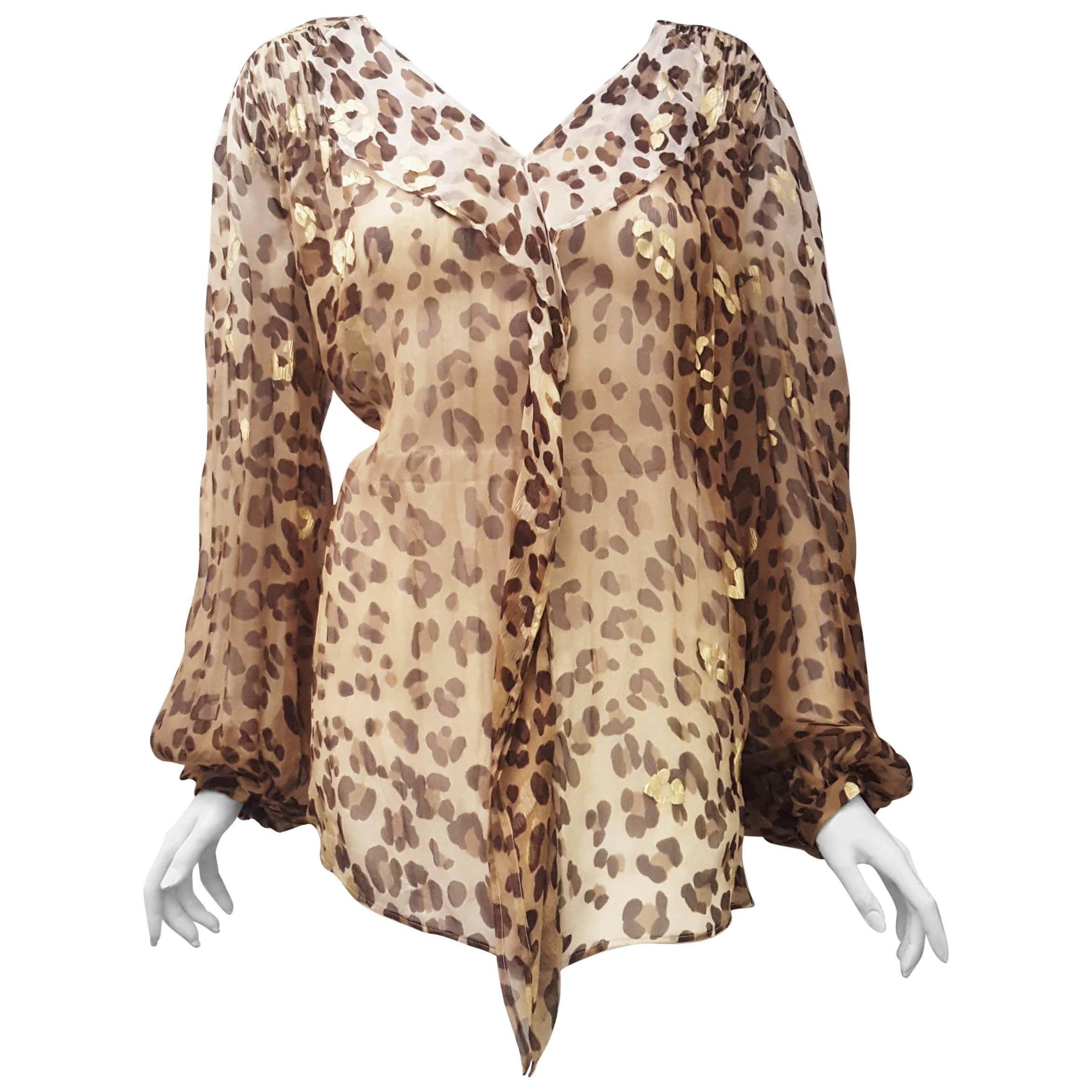 Blumarine Leopard Print Silk Long Sleeve Ruffle Top with Gold Tone Accents For Sale