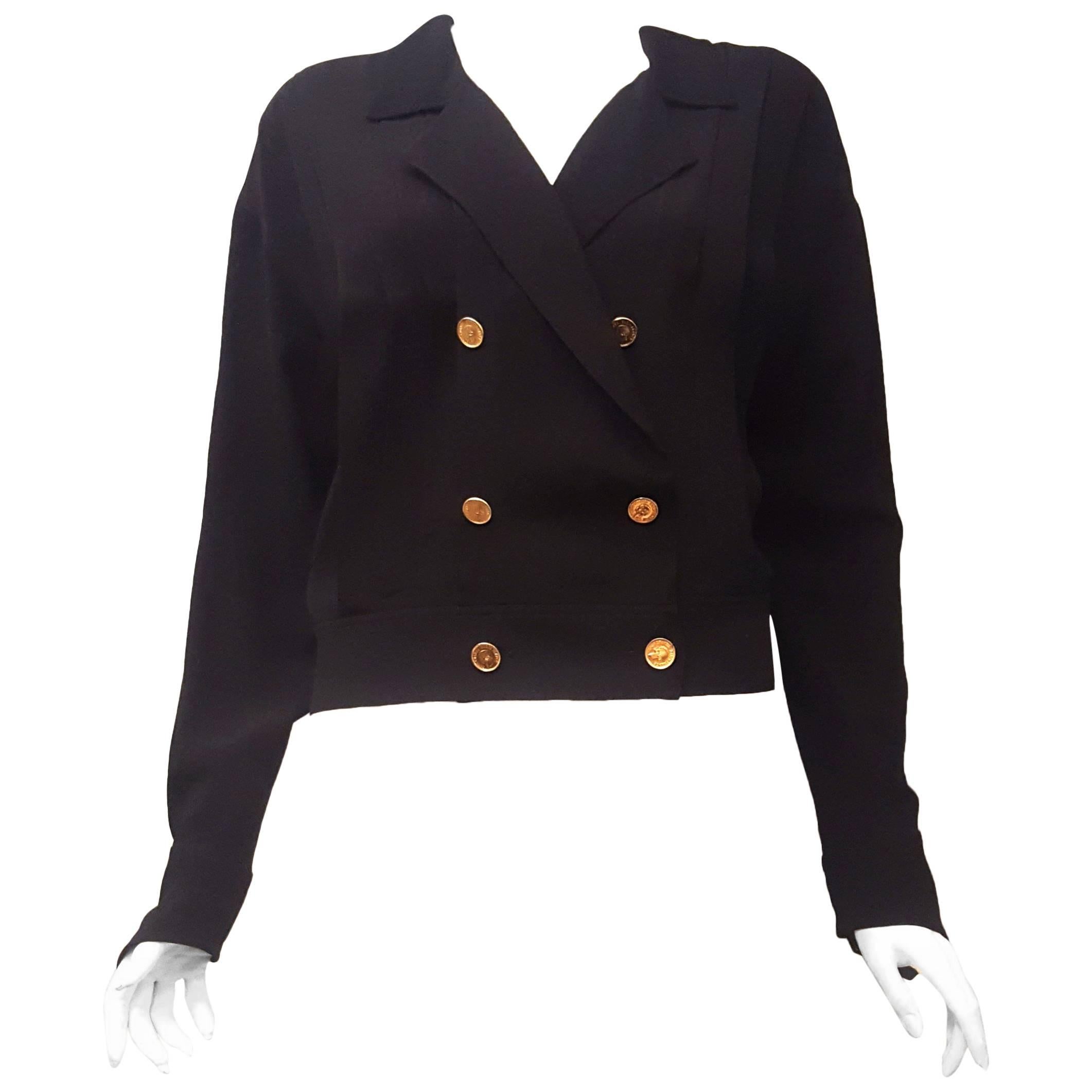 Chanel Black Silk Bomber Style Jacket with Gold Tone Coco Chanel Logo Buttons