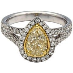 1.00ct Pear Shape Natural Yellow Diamond Ring with White Pave Diamonds in 14K WG