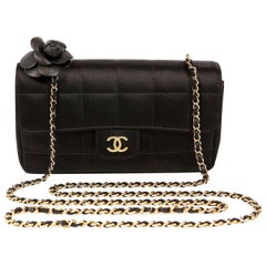 Chanel Black Satin Camellia Cross Body Bag