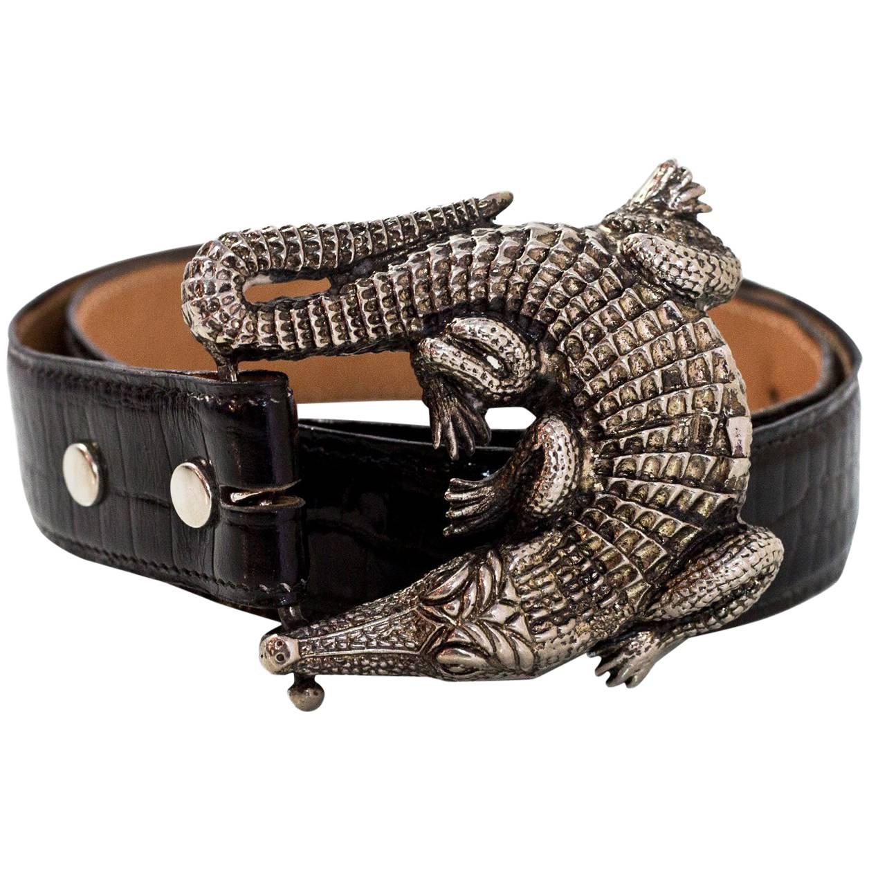Kieselstein-Cord Sterling Silver Alligator Buckle w/ Black Embossed Leather Belt