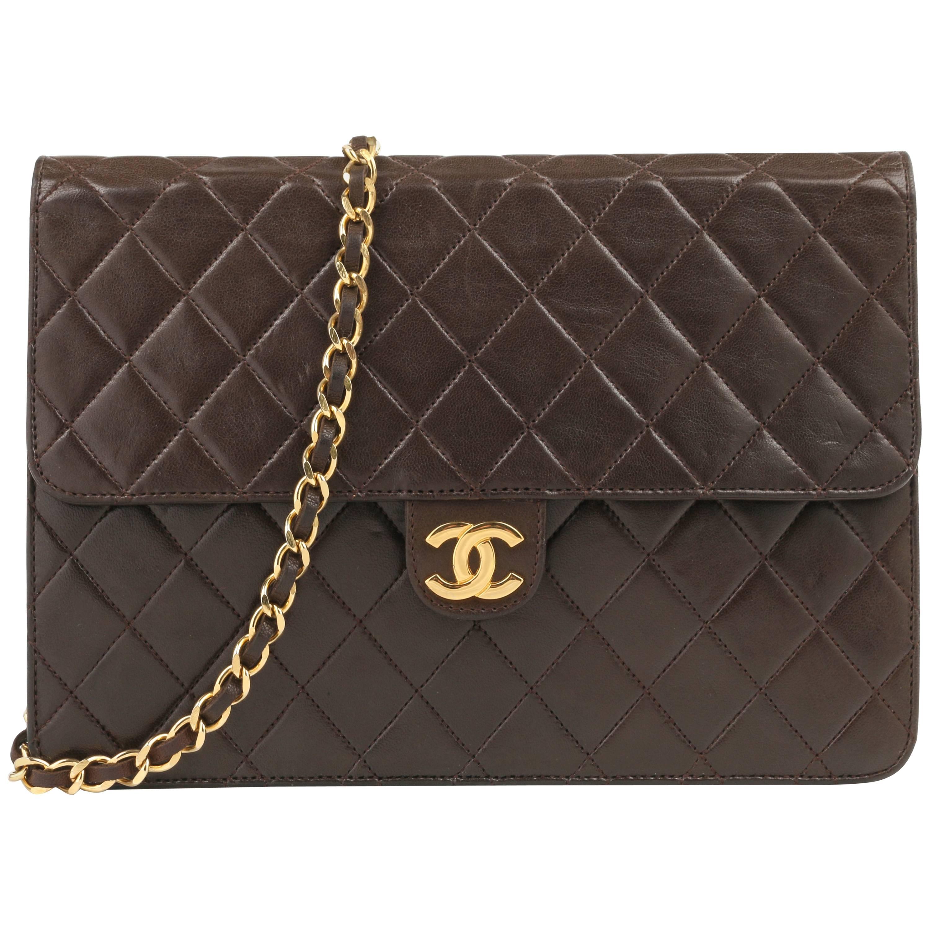CHANEL c.1990's Brown Diamond Quilted Lambskin Leather Classic Flap Bag