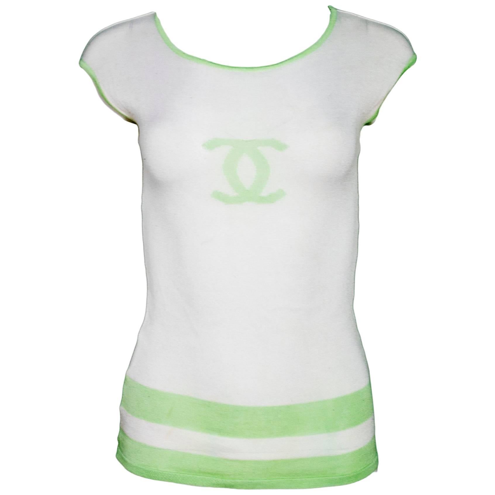 Chanel White & Green Silk CC Top Sz FR42