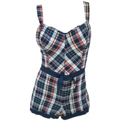 Vintage 1950s Navy Plaid Pinup Swim Suit