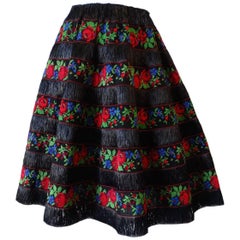 Vintage Black Raffia Floral Embroidered Skirt, 1950s