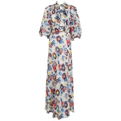 1930's Floral Garden Print Chiffon Bias-Cut Gown & Billow-Sleeve Smocked Jacket