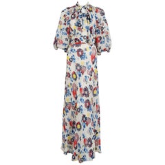 1930's Floral Garden Print Chiffon Bias-Cut Gown & Billow-Sleeve Smocked Jacket 