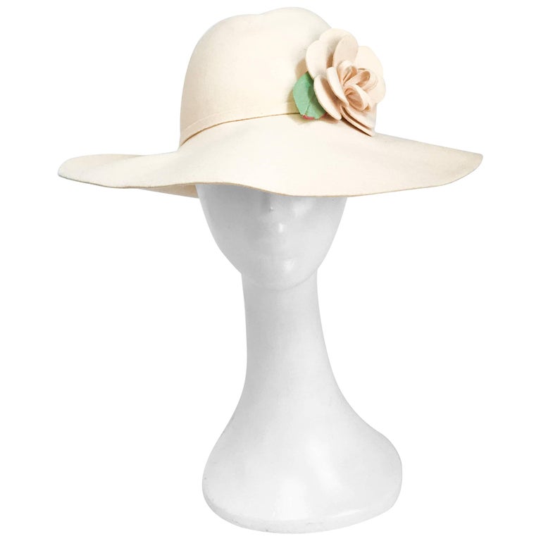 1970s Adolfo Cream Felt Hat with Handmade Flower Embellishment at 1stdibs