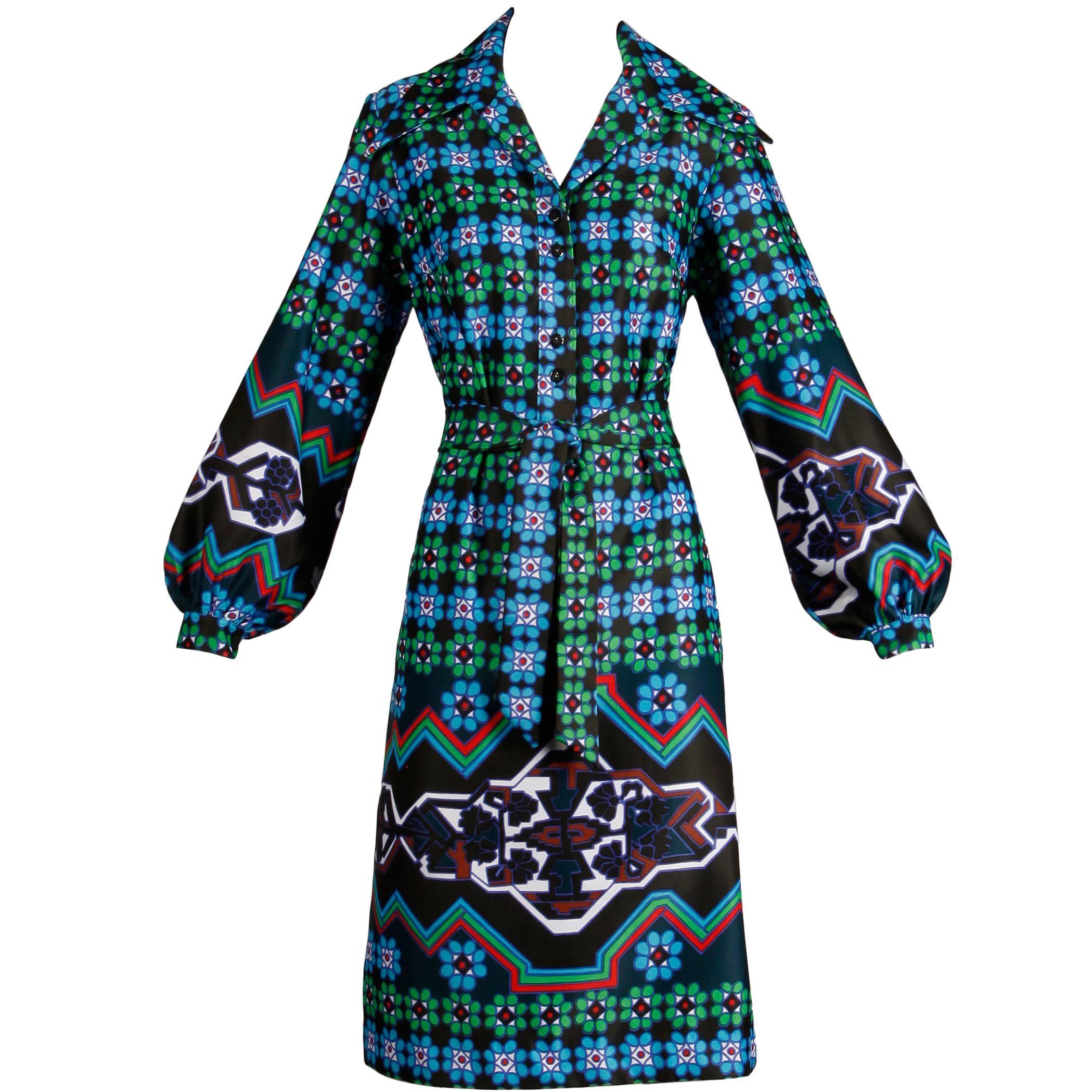 Lanvin Vintage Colorful Op Art Geometric Print Shirt Dress with Sash Belt, 1970s