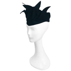 Vintage 1930s Black Fur Felt Hat with Winged Appliqué Accents