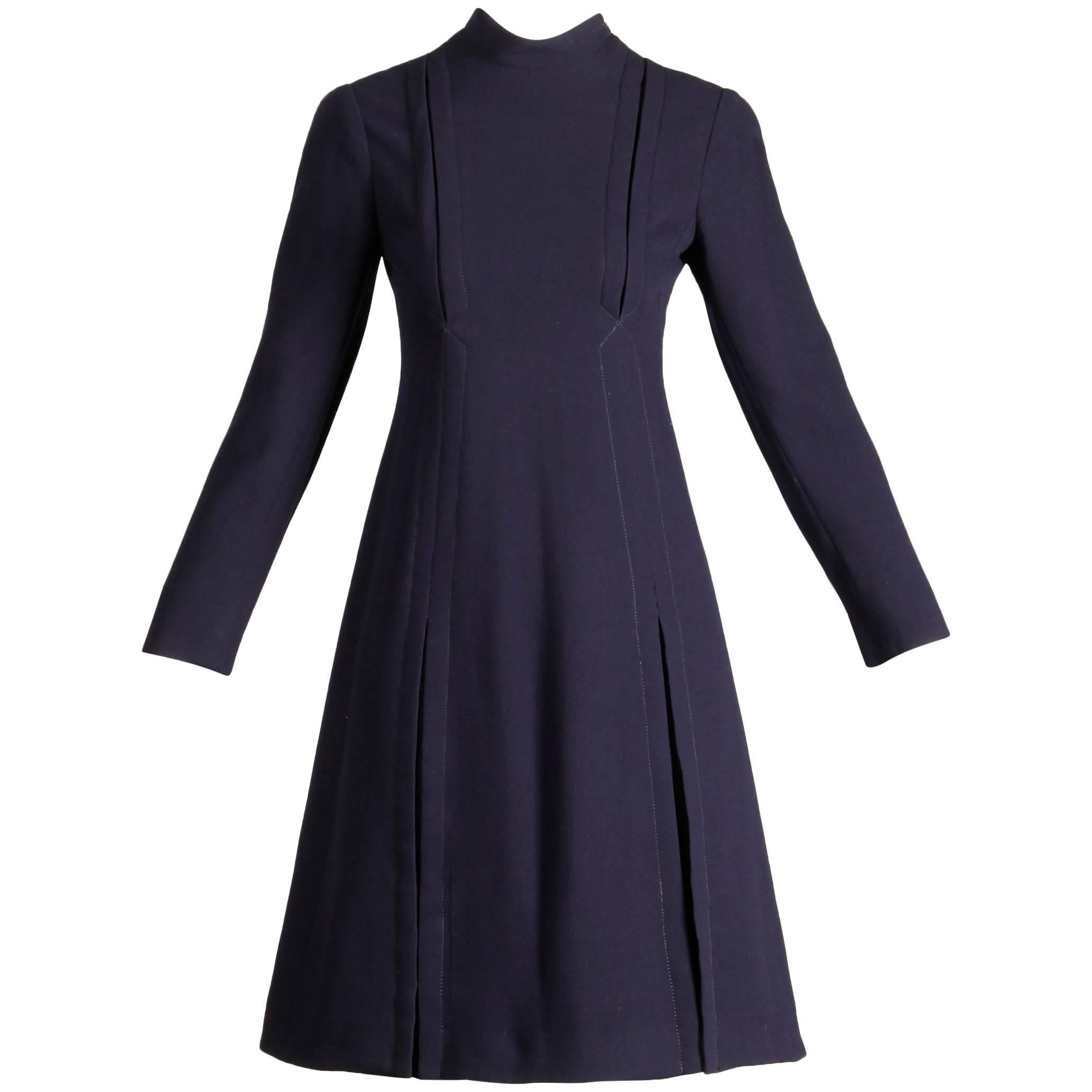 1960s Geoffrey Beene Vintage Navy Wool/ Silk Pleated Mod Dress with Long Sleeves