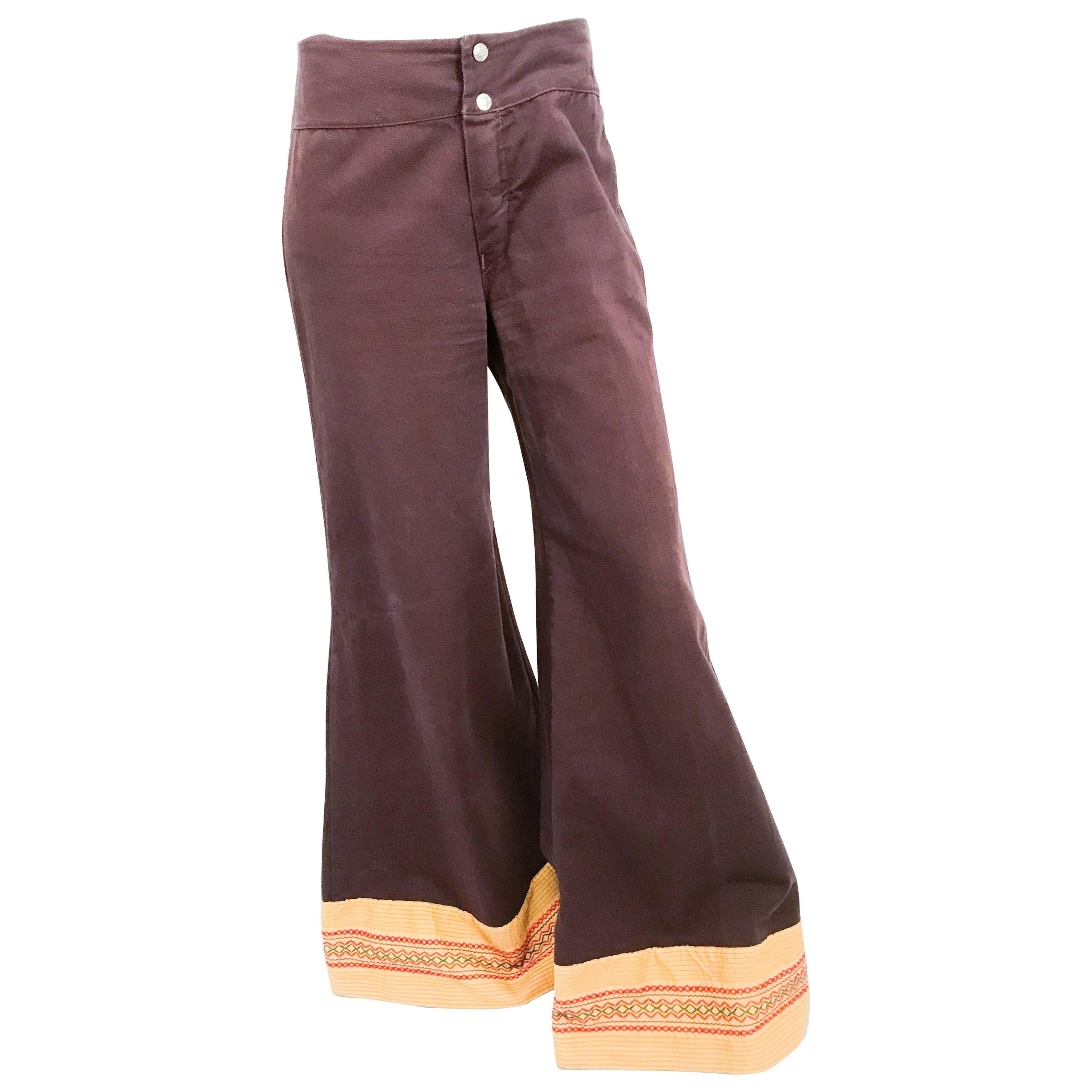 1970s Brown Wide-legged Pants with Embellished Hem For Sale
