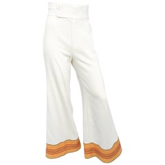 1970s White Wide Legged Pants with Embellished Hems