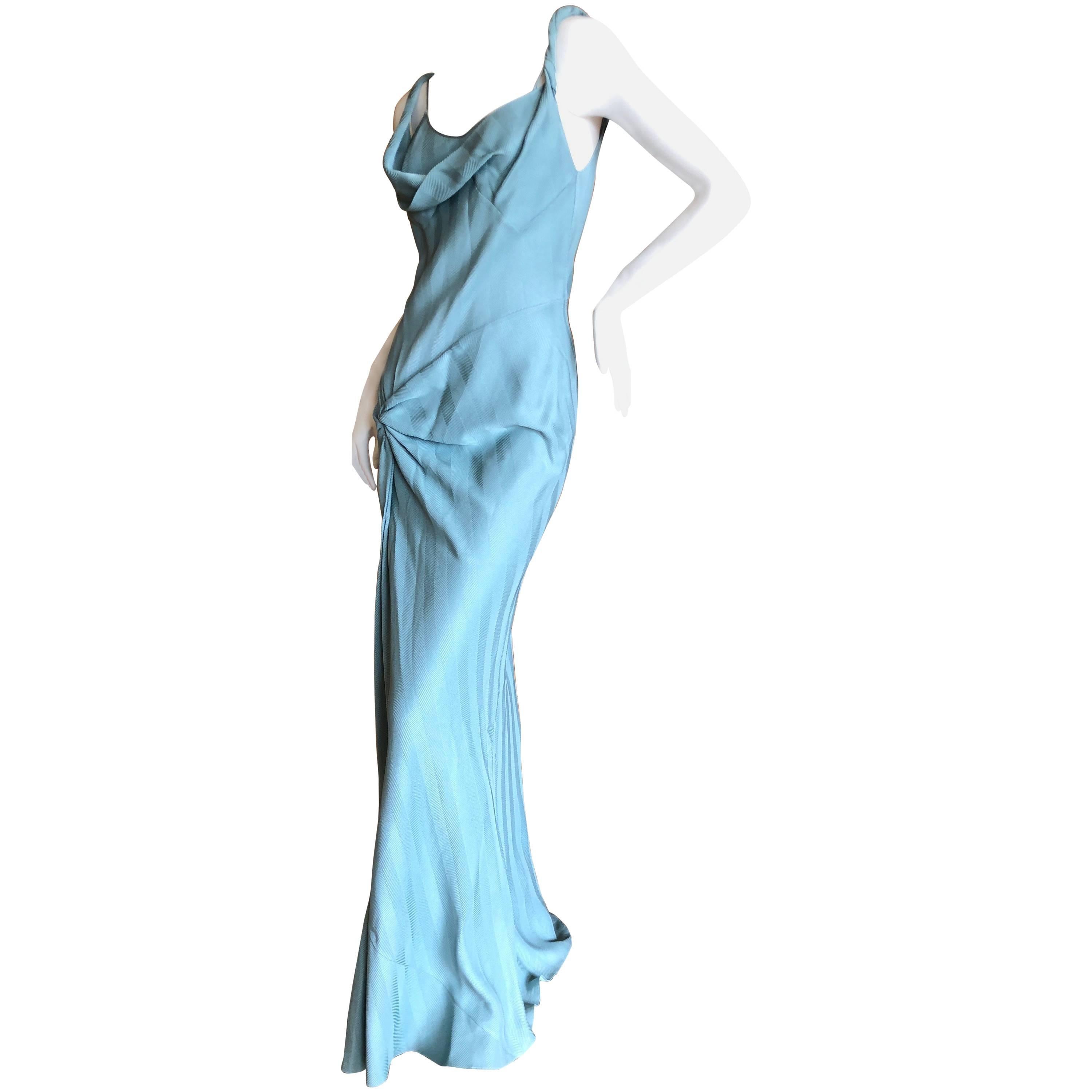 John Galliano Vintage 90's Blue Twill Bias Cut Evening Dress with Knot Detail For Sale