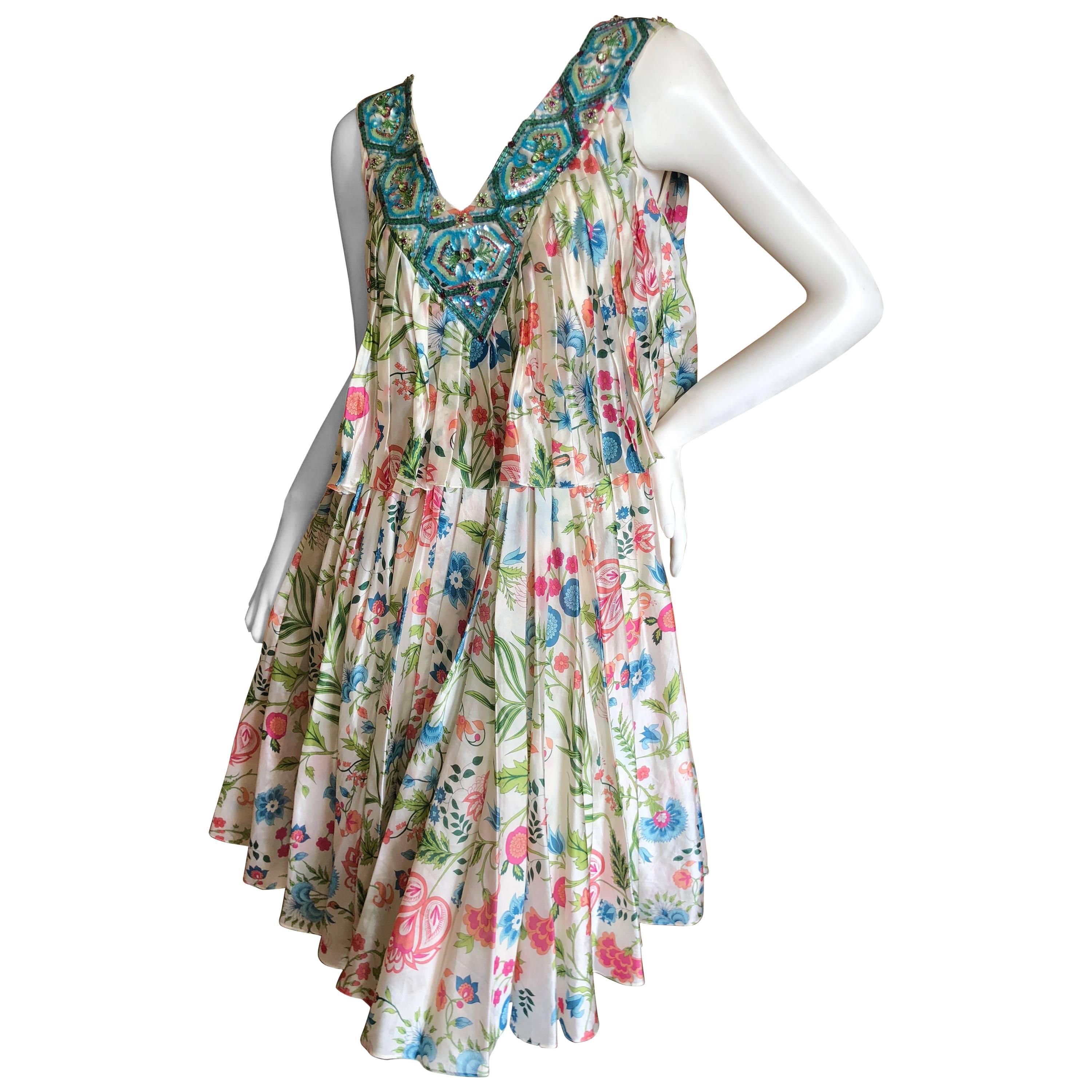 Dior by John Galliano Pleated Silk Floral Print Dress with Embellished Collar For Sale
