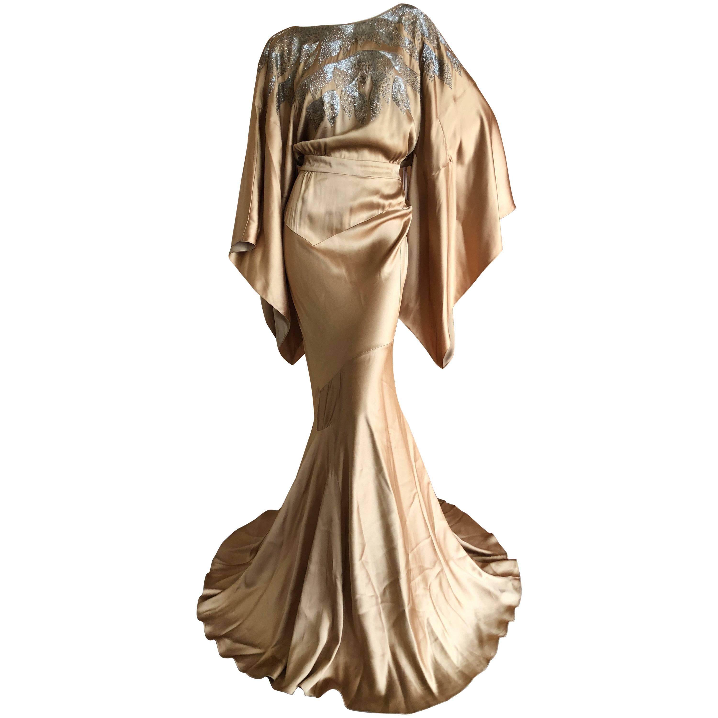 John Galliano Vintage Gold Kimono Sleeve Extravagantly Beaded Evening Dress