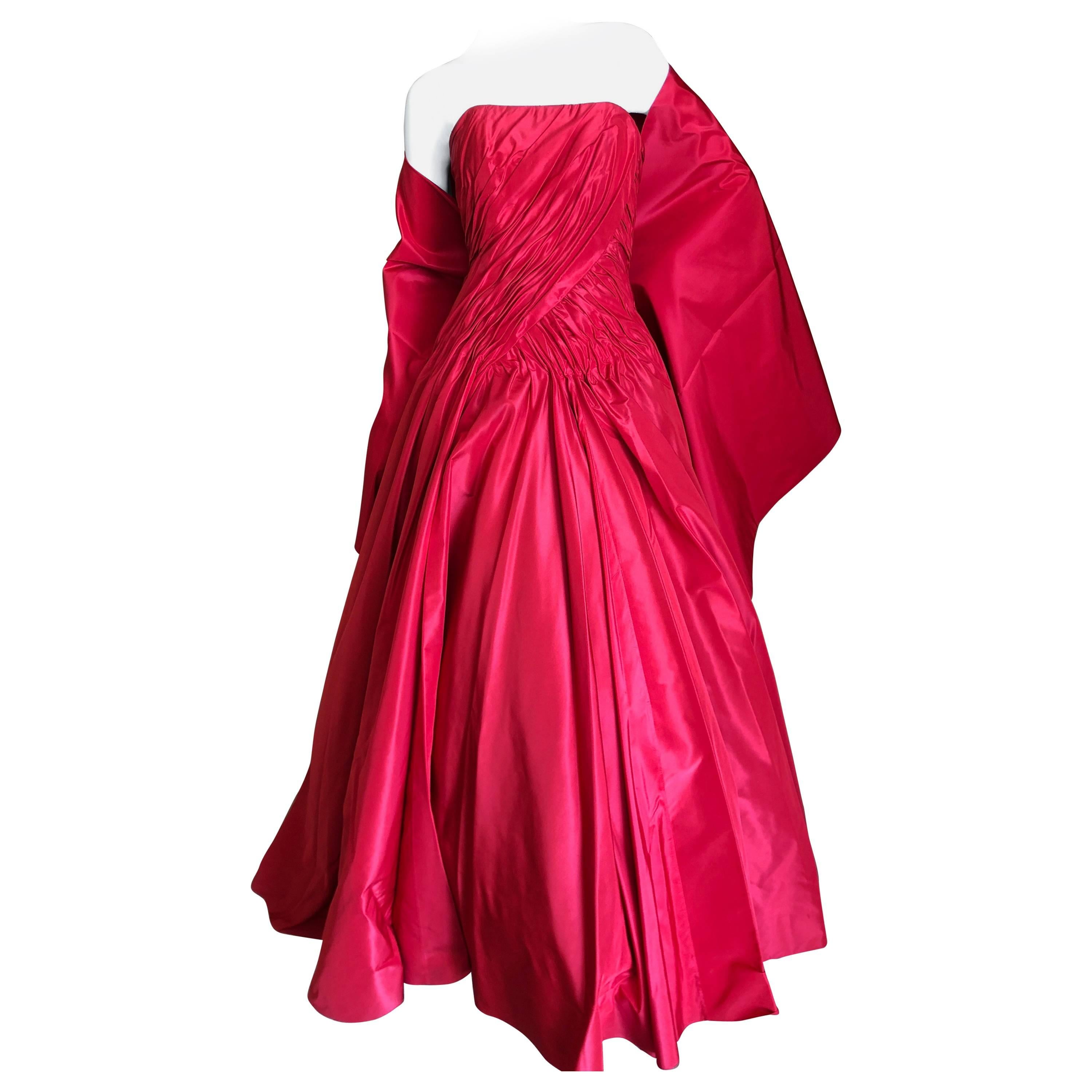 Vicky Teil Couture Paris 70's Red Silk Ballgown w Four Petticoats and Shawl Wrap