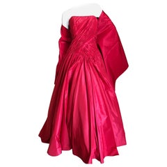 Used Vicky Teil Couture Paris 70's Red Silk Ballgown w Four Petticoats and Shawl Wrap