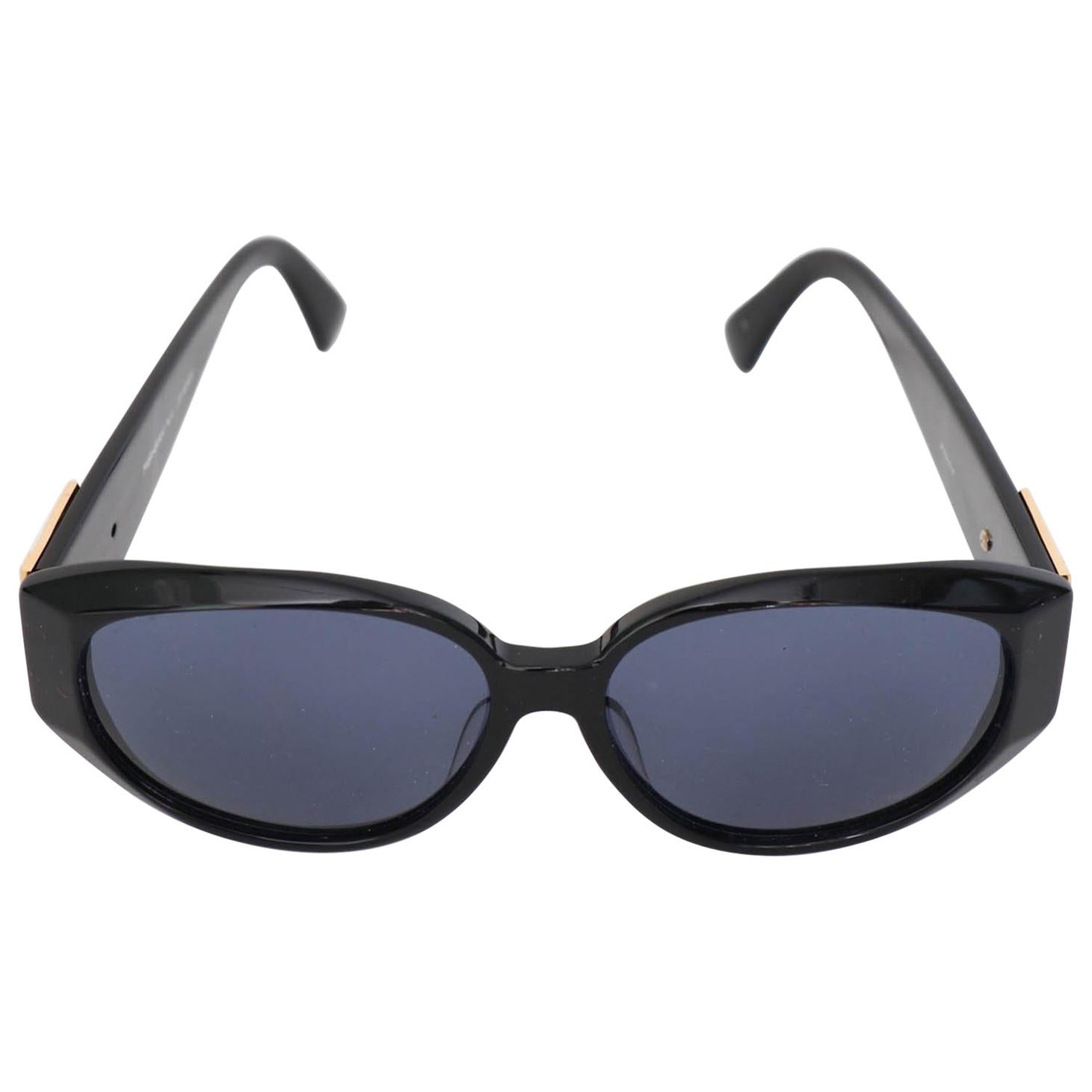 A Pair of 1980s Black Yves Saint Laurent Gold YSL Logo Detail Sunglasses  For Sale