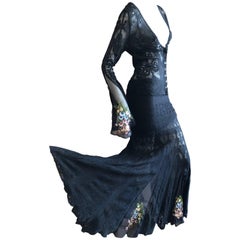 John Galliano Vintage Black Lace Floral Embroidered Two Piece Dress