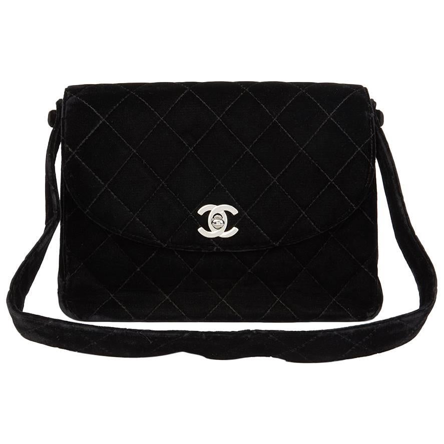 1996 Chanel Black Quilted Velvet Vintage Classic Shoulder Bag 