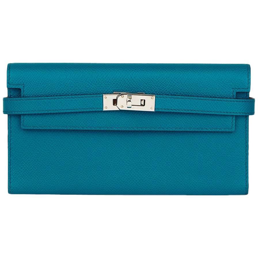 2014 Hermes Bleu Colvert Epsom Leather Tri-Fold Kelly Wallet