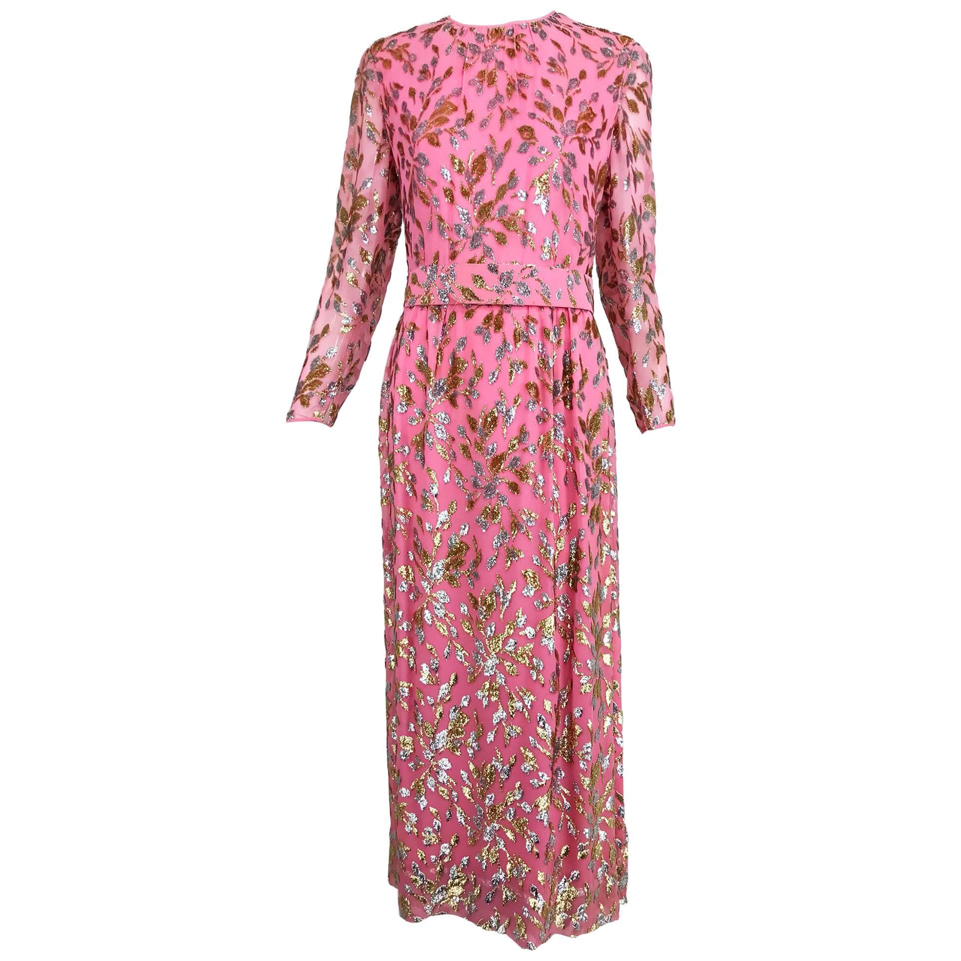 Adele Simpson pink silk metallic devore velvet maxi dress, 1960s