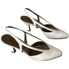 Vintage YSL 1990s White Leather Slingback Heel Size 9.5 M.