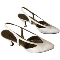 Retro YSL 1990s White Leather Slingback Heel Size 9.5 M. 