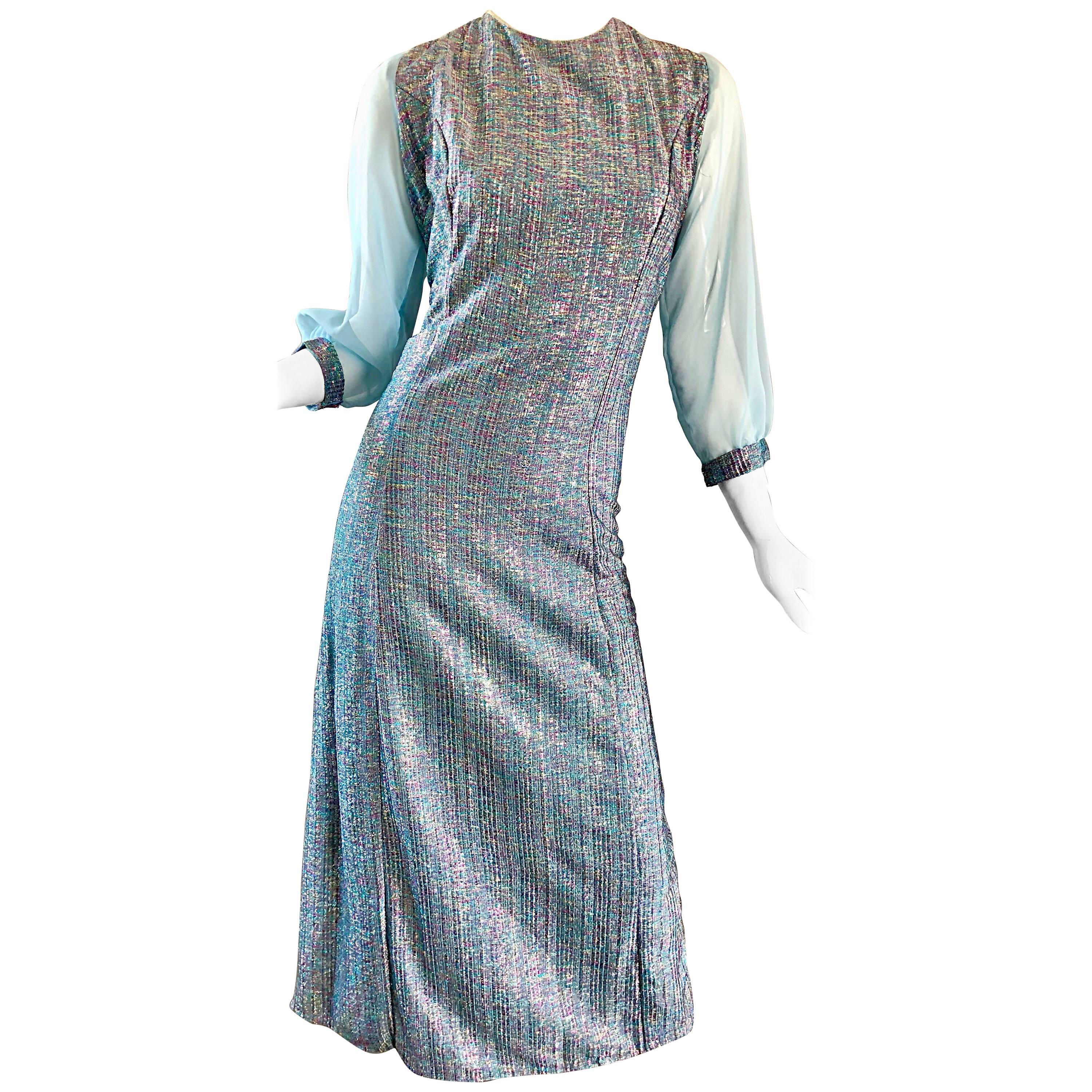 Beautiful 1960s Pale Light Blue Colorful Metallic Lurex Vintage 60s Midi Dress For Sale