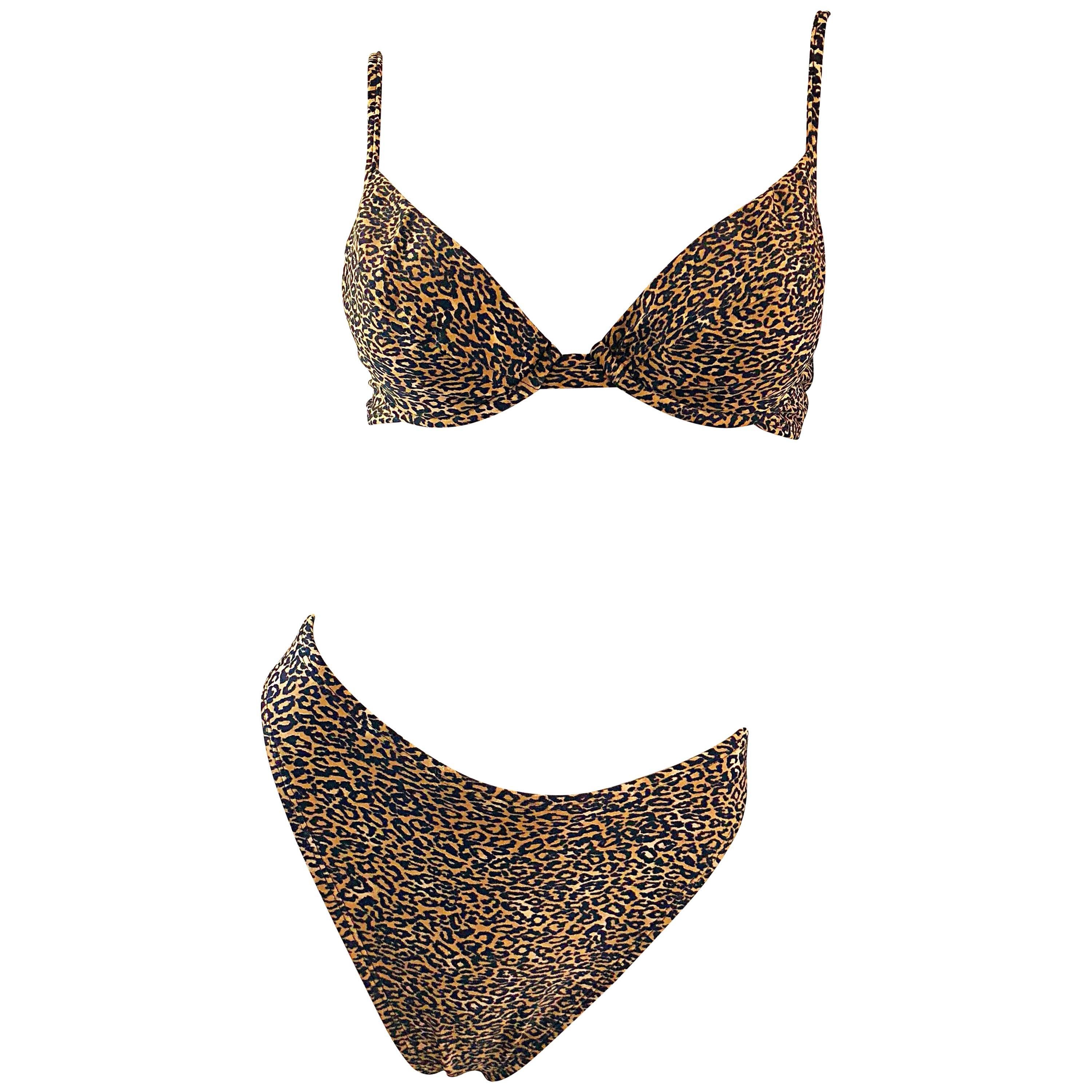 Vintage Oscar de la Renta 1980s Three Piece Leopard Print 80s Bikini and Wrap For Sale