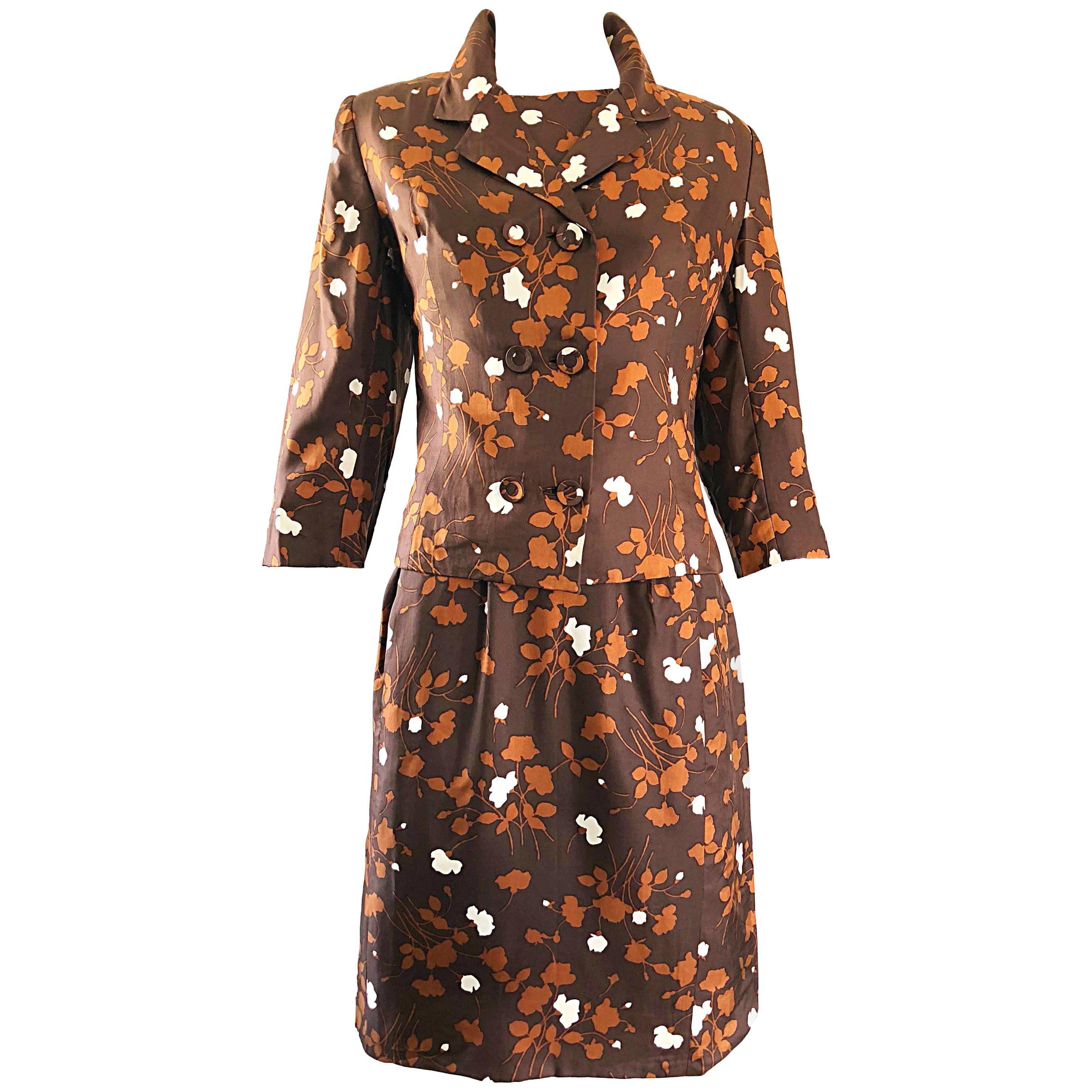 Ensemble robe en soie marron + rouille chic des années 1960 et veste à manches 3/4 des années 60