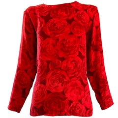 1990s Yves Saint Laurent Rive Gauche Rose Print Red Silk Vintage 90s Blouse Top