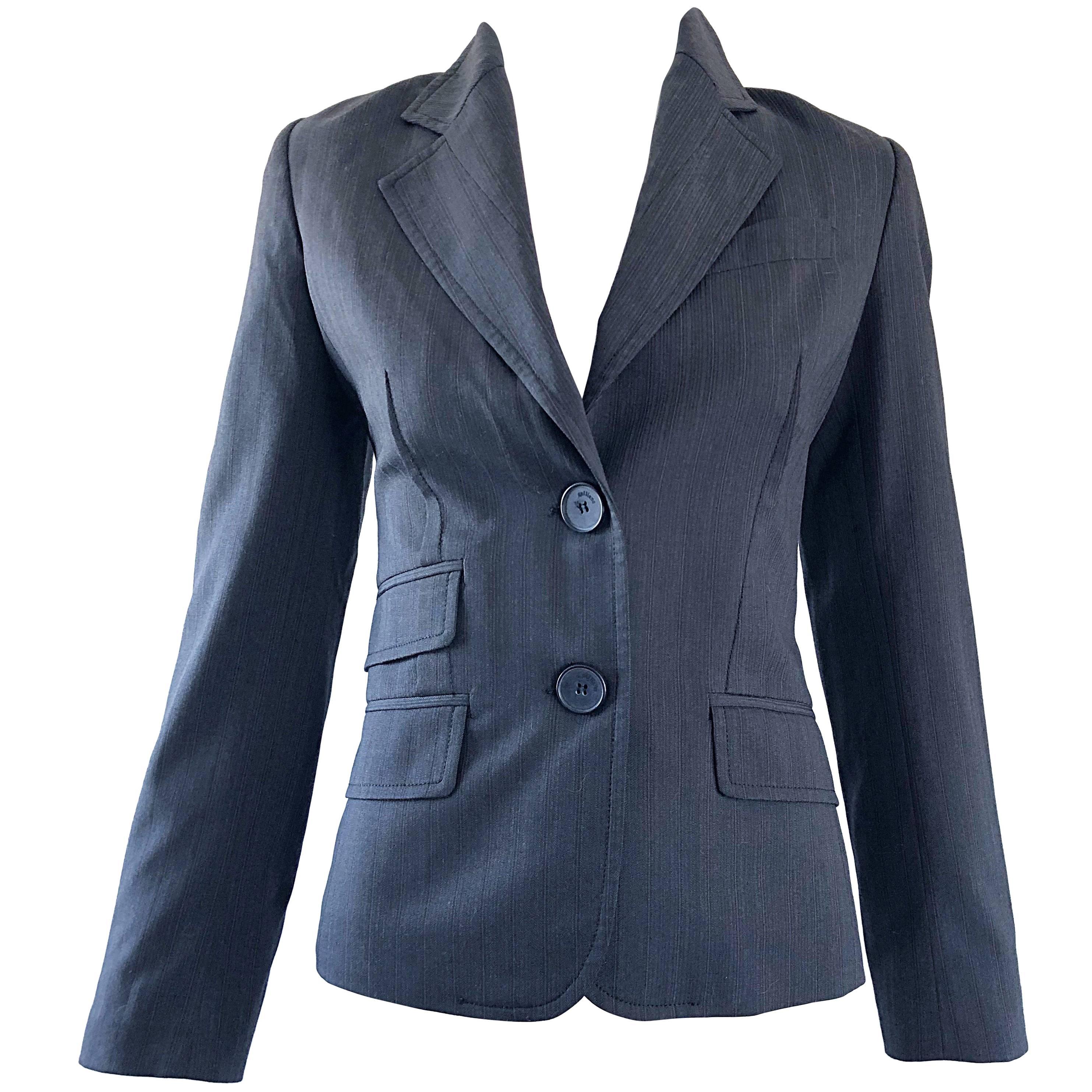 John Galliano Early 2000s Size 42 Gray + Purple Pinstripe Blazer Jacket For Sale