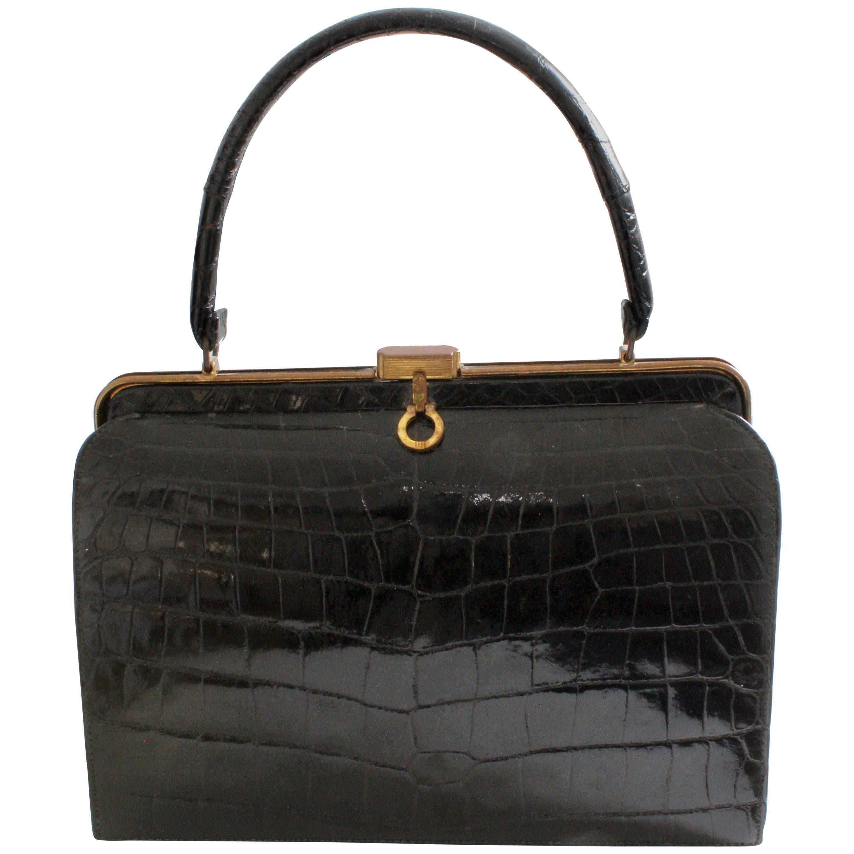 1960s Bellestone Bag Black Crocodile Alligator Exotic Skin Top Handle Belgium 