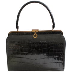 Retro 1960s Bellestone Bag Black Crocodile Alligator Exotic Skin Top Handle Belgium 