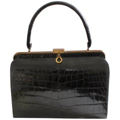 1960s Bellestone Bag Black Crocodile Alligator Exotic Skin Top Handle Belgium 