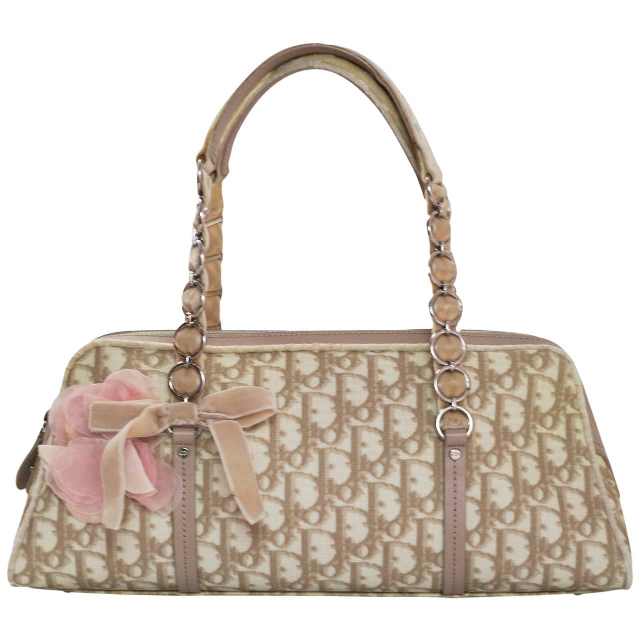 Christian Dior Beige Monogram Trotter Romantique Floral Bow Medium Handle Bag
