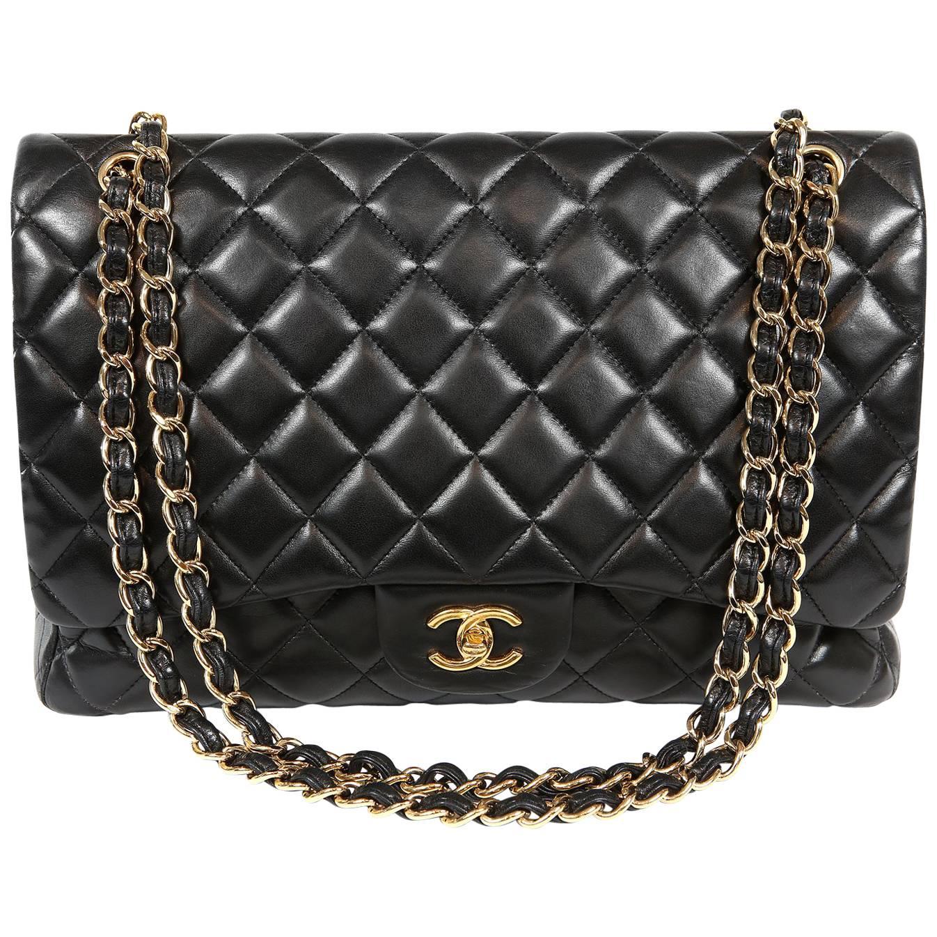 Chanel Black Lambskin Classic Maxi with Gold Hardware